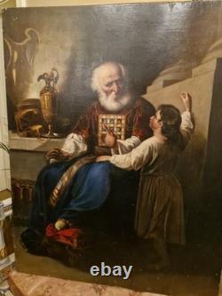 Peinture Ancienne Grand Format Huile Sur Toile Eli Et Samuel XIX Ème S