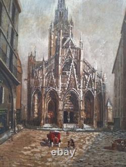Peinture Ancienne Huile Paysage ÉgliseSaint-Maclou à Rouen Signé B. LANGRUNE