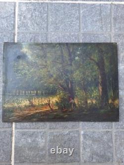 Peinture Ancienne Huile Sur Bois Paysage Arbres, Pêche Tableau Signé