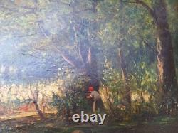 Peinture Ancienne Huile Sur Bois Paysage Arbres, Pêche Tableau Signé