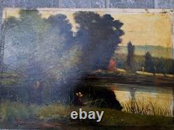 Peinture Ancienne Huile Sur Bois Paysage Arbres, Pêche Tableau Signé