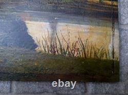 Peinture Ancienne Huile Sur Bois Paysage Arbres, Pêche Tableau Signé