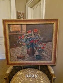 Peinture Ancienne, Huile Sur Toile Encadrée Représentant Un Bouquet De Fleurs