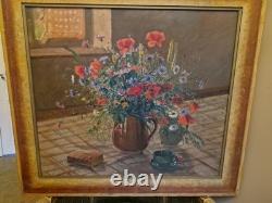 Peinture Ancienne, Huile Sur Toile Encadrée Représentant Un Bouquet De Fleurs