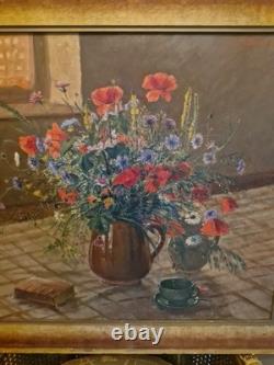 Peinture Ancienne, Huile Sur Toile Encadrée Représentant Un Bouquet De Fleurs