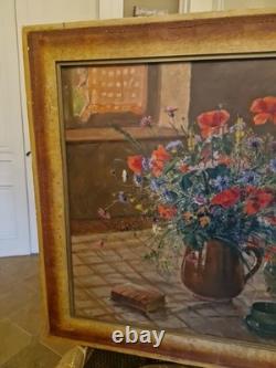 Peinture Ancienne, Huile Sur Toile Encadrée Représentant Un Bouquet De Fleurs