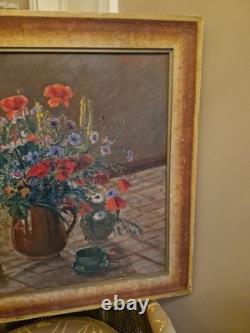 Peinture Ancienne, Huile Sur Toile Encadrée Représentant Un Bouquet De Fleurs