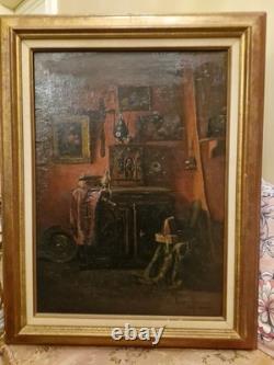 Peinture Ancienne, Huile Sur Toile Encadrée Représentant Une Scène D'intérieur