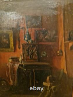 Peinture Ancienne, Huile Sur Toile Encadrée Représentant Une Scène D'intérieur