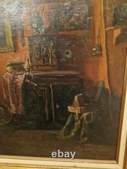 Peinture Ancienne, Huile Sur Toile Encadrée Représentant Une Scène D'intérieur