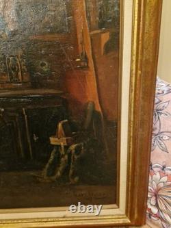 Peinture Ancienne, Huile Sur Toile Encadrée Représentant Une Scène D'intérieur