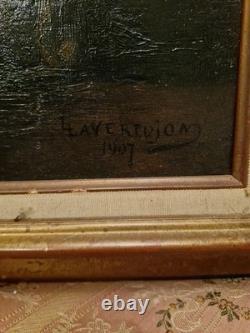 Peinture Ancienne, Huile Sur Toile Encadrée Représentant Une Scène D'intérieur