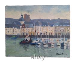Peinture Ancienne Huile Sur Toile Honfleur Paysage Marin Bateau Voiliers