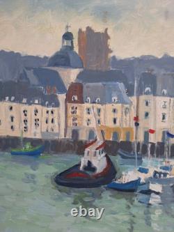 Peinture Ancienne Huile Sur Toile Honfleur Paysage Marin Bateau Voiliers