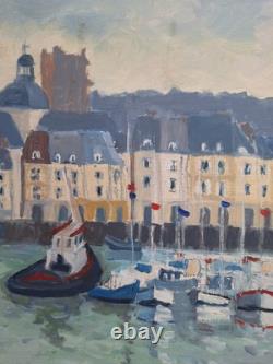 Peinture Ancienne Huile Sur Toile Honfleur Paysage Marin Bateau Voiliers