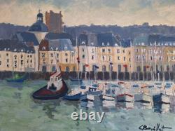 Peinture Ancienne Huile Sur Toile Honfleur Paysage Marin Bateau Voiliers