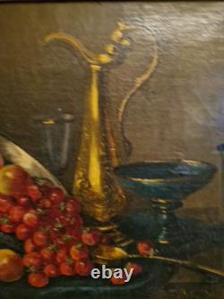 Peinture Ancienne, Huile Sur Toile Nature Morte Encadrée Et Signée