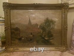Peinture Ancienne, Huile Sur Toile Paysage Avec Des Chèvres Signée