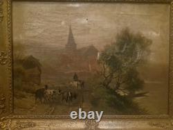 Peinture Ancienne, Huile Sur Toile Paysage Avec Des Chèvres Signée