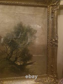 Peinture Ancienne, Huile Sur Toile Paysage Avec Des Chèvres Signée