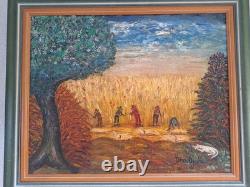 Peinture Ancienne Huile Sur Toile Paysage Campagne Agriculteurs Diaz Ojeda 1963