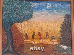 Peinture Ancienne Huile Sur Toile Paysage Campagne Agriculteurs Diaz Ojeda 1963