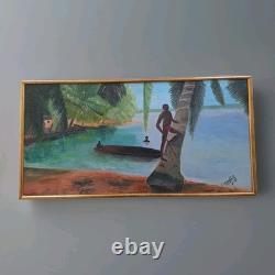 Peinture Ancienne Huile Sur Toile Paysage Des Îles 1970 Tableau Encadré Signé
