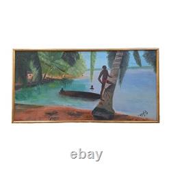 Peinture Ancienne Huile Sur Toile Paysage Des Îles 1970 Tableau Encadré Signé