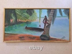 Peinture Ancienne Huile Sur Toile Paysage Des Îles 1970 Tableau Encadré Signé