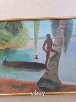 Peinture Ancienne Huile Sur Toile Paysage Des Îles 1970 Tableau Encadré Signé