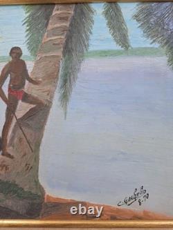 Peinture Ancienne Huile Sur Toile Paysage Des Îles 1970 Tableau Encadré Signé