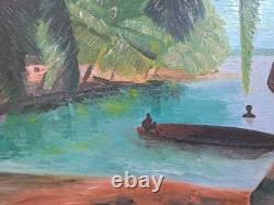 Peinture Ancienne Huile Sur Toile Paysage Des Îles 1970 Tableau Encadré Signé