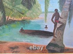 Peinture Ancienne Huile Sur Toile Paysage Des Îles 1970 Tableau Encadré Signé