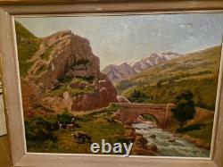 Peinture Ancienne Huile Sur Toile Paysage Et Chèvres Signée Et Datée