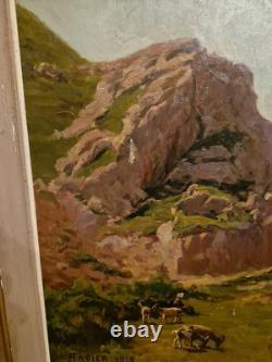 Peinture Ancienne Huile Sur Toile Paysage Et Chèvres Signée Et Datée