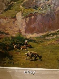 Peinture Ancienne Huile Sur Toile Paysage Et Chèvres Signée Et Datée
