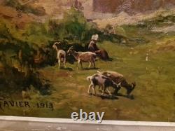 Peinture Ancienne Huile Sur Toile Paysage Et Chèvres Signée Et Datée