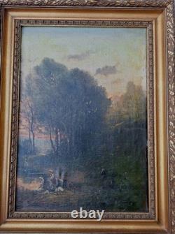Peinture Ancienne Huile Sur Toile Paysage XIXe siècle. Lavandières paysannes