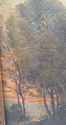 Peinture Ancienne Huile Sur Toile Paysage XIXe siècle. Lavandières paysannes