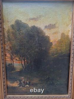 Peinture Ancienne Huile Sur Toile Paysage XIXe siècle. Lavandières paysannes