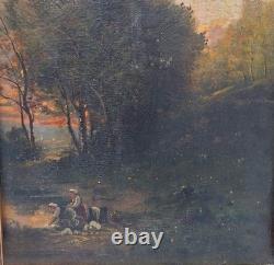 Peinture Ancienne Huile Sur Toile Paysage XIXe siècle. Lavandières paysannes