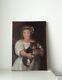 Peinture Ancienne Huile Sur Toile Portrait De Jeune Fille Et Son Chat