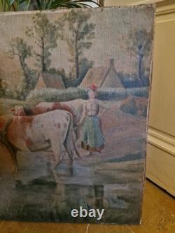 Peinture Ancienne Huile Sur Toile Représentant Des Vaches