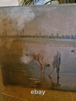 Peinture Ancienne Huile Sur Toile Représentant Des Vaches