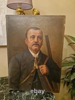 Peinture Ancienne Huile Sur Toile Représentant Un Chasseur