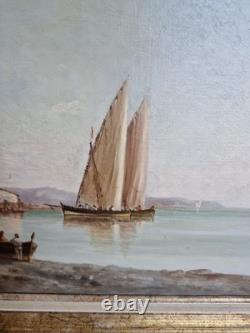 Peinture Ancienne, Huile Sur Toile Représentant Une Marine Signée