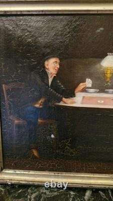 Peinture Ancienne Huile Sur Toile Signée Joueurs De Carte