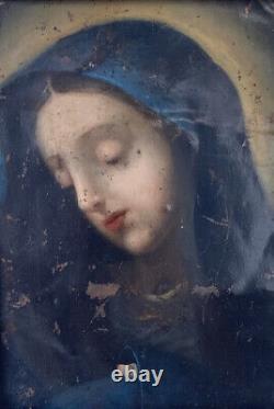 Peinture Ancienne Huile sur Cuivre Portrait Vierge Marie Mater Dolorosa Religion