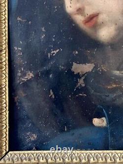 Peinture Ancienne Huile sur Cuivre Portrait Vierge Marie Mater Dolorosa Religion