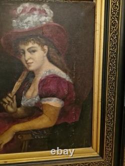 Peinture Ancienne, Portrait De Femme Huile Sur Toile XIX Ème S